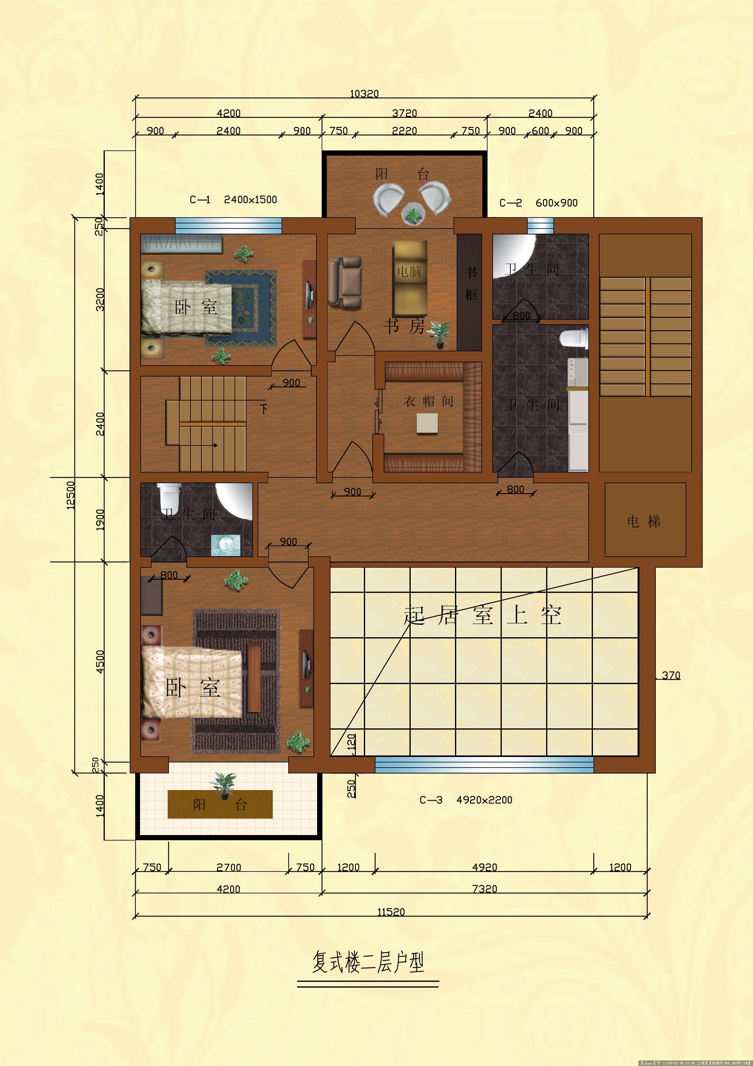 QH2004新中式二层三开间自建房别墅设计图纸一层带2房占地134平 - 青禾乡墅科技